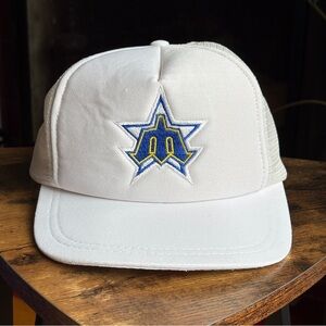 Vintage 80s Seattle Mariners Snapback Sportcap Trucker Hat White 76 Station